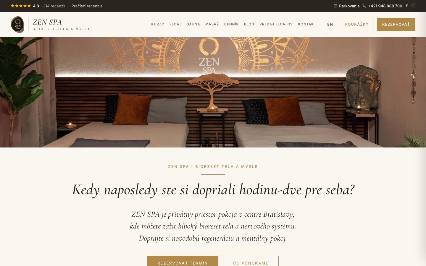 Nová Astro homepage www.zenspa.sk. Pokojnejšia typografia, jasná hlavná akcia, mobilný plávajúci panel s tlačidlami Rezervovať, Poukazy, Volať, Mapa.
