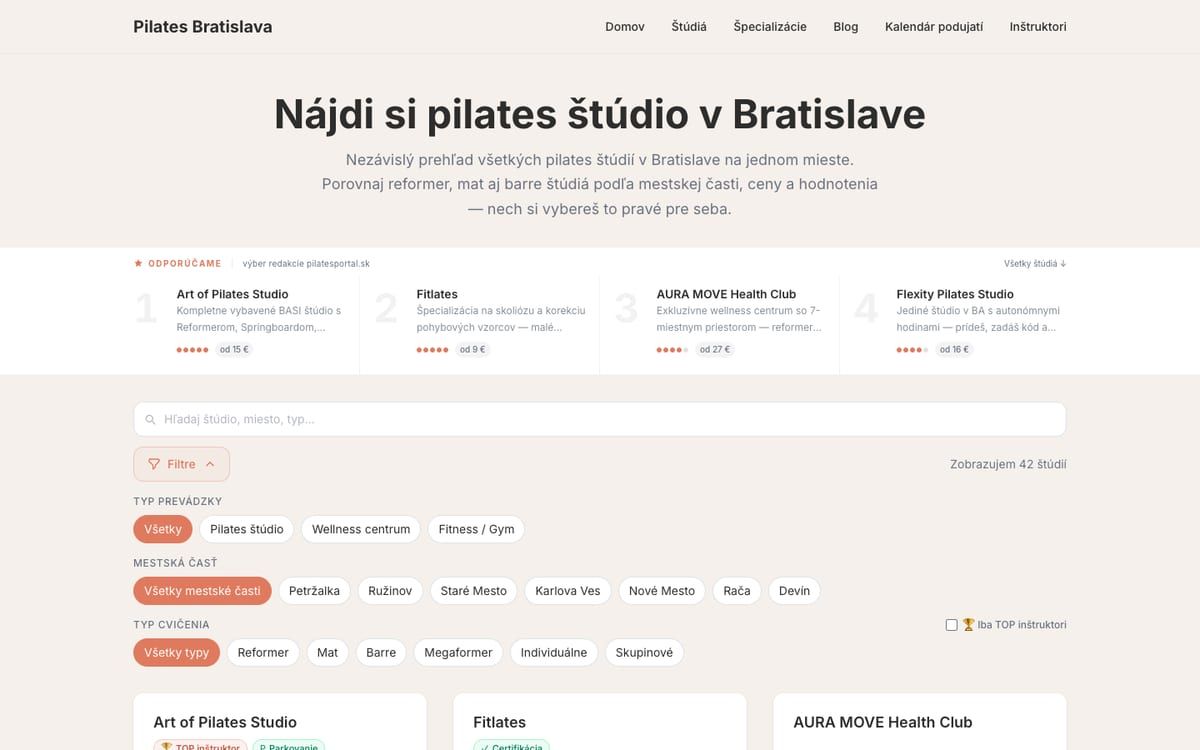 Screenshot webu Pilates Portal.