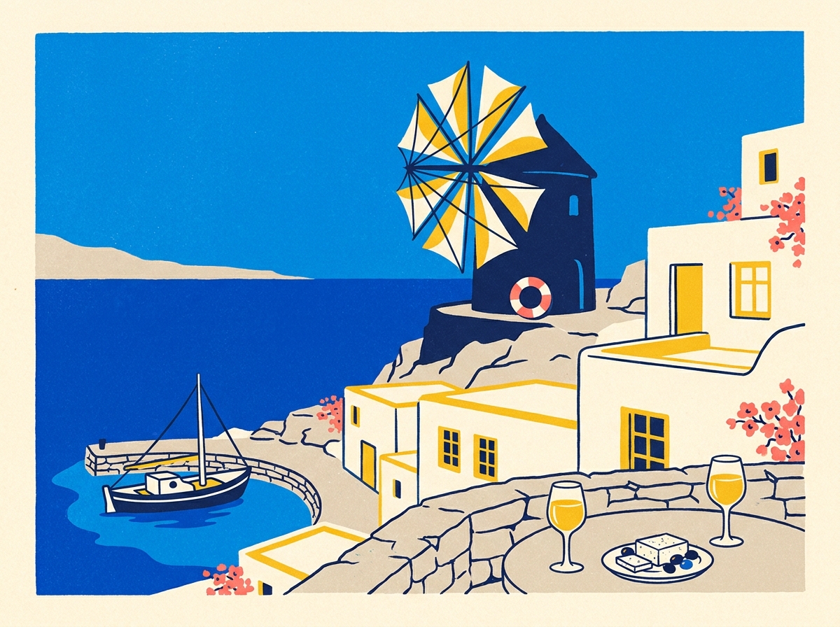 Whitewashed Cycladic houses cascading down to the Aegean sea, a traditional windmill on a cliff, a small fishing boat in a harbor.