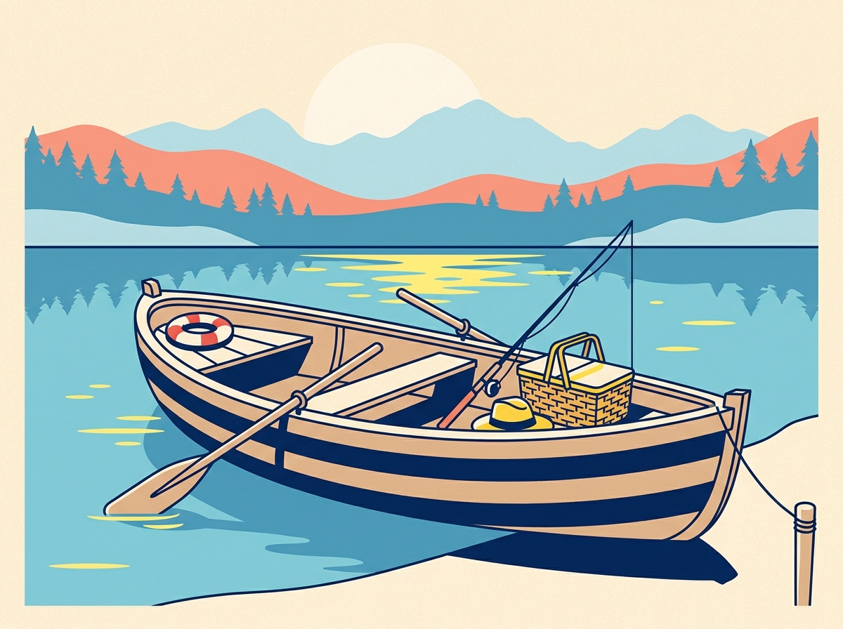 A wooden rowboat on a quiet mountain lake with oars, a picnic basket and a straw hat, a life ring on the bow.