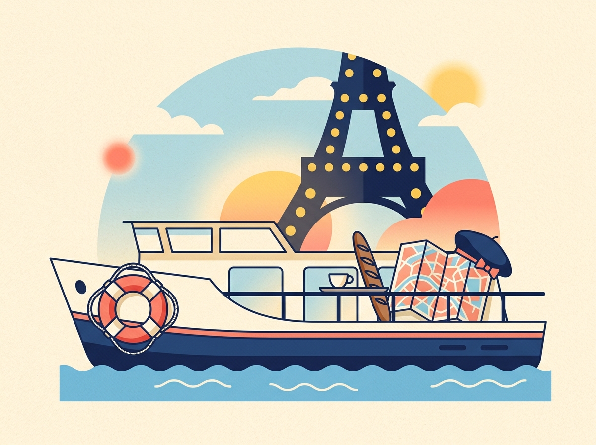 A bateau-mouche on the Seine with the Eiffel Tower in the background, a baguette and espresso on a tray, a beret on a folded Paris map, a life ring on the bow.